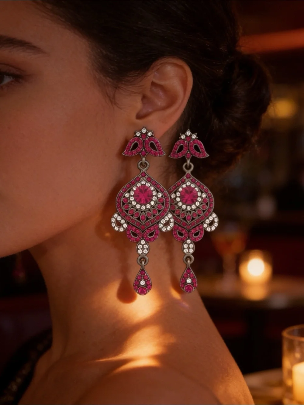 Victorian Fuchsia Crystal Diamond Gothic Chandelier Dangle Earrings